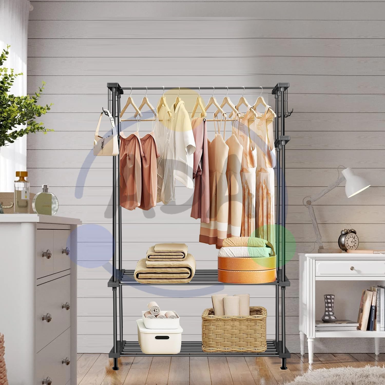 Sponsored Ad - ADA® Premium High Density Drizzle Metal Garment Rack with 10 Side Hooks and 2 Lower Shelves | Heavy Duty Multifunctional Clothes Rack - Black (84 x 31 x 140cm)