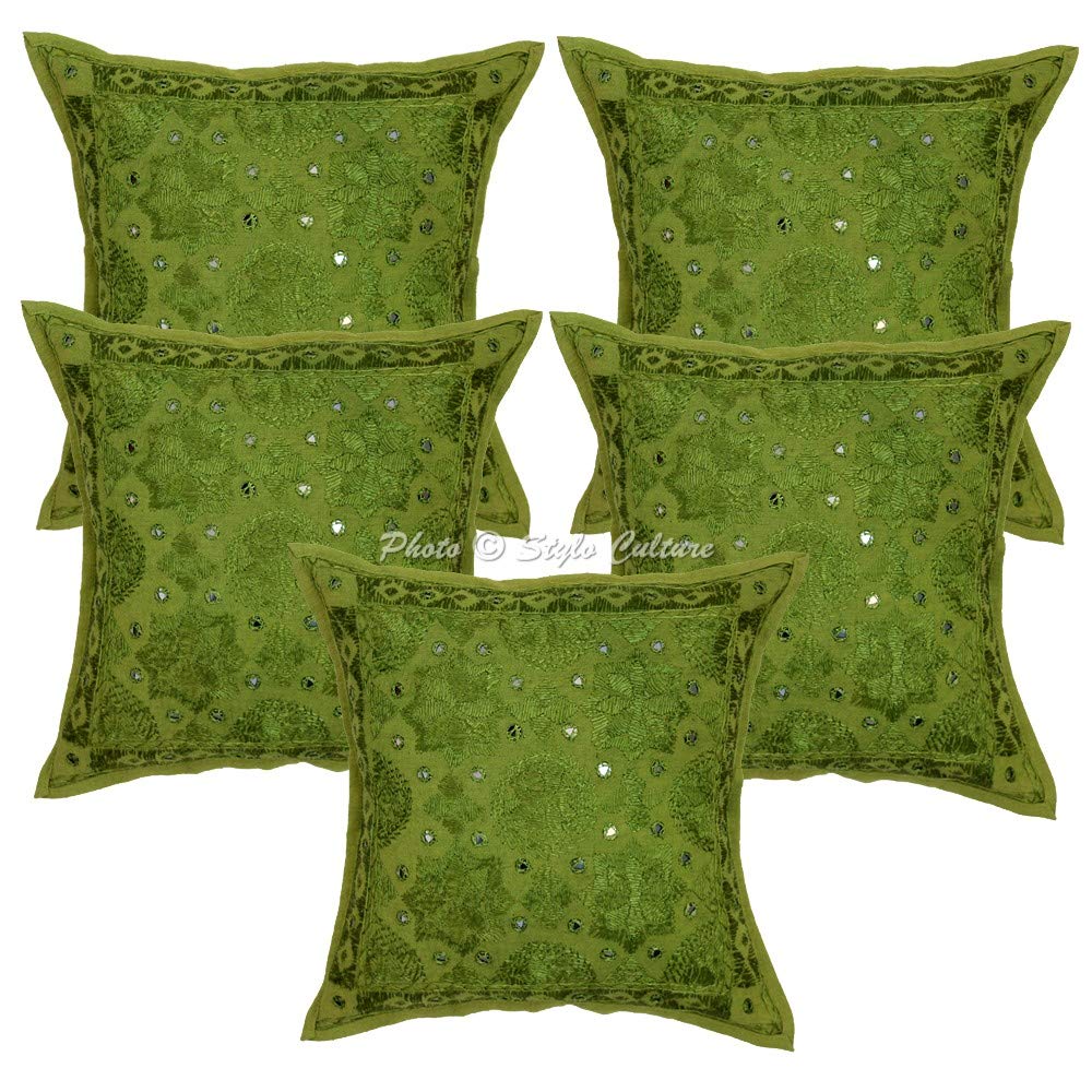 Cotton Decorative Mirrored Sofa Settee Cushion Covers 16 by 16 Inch Set of 5 Pc Parrot Green Embroidered Rajasthani Living Room Decoration for Diwali Square 40 by 40 cm