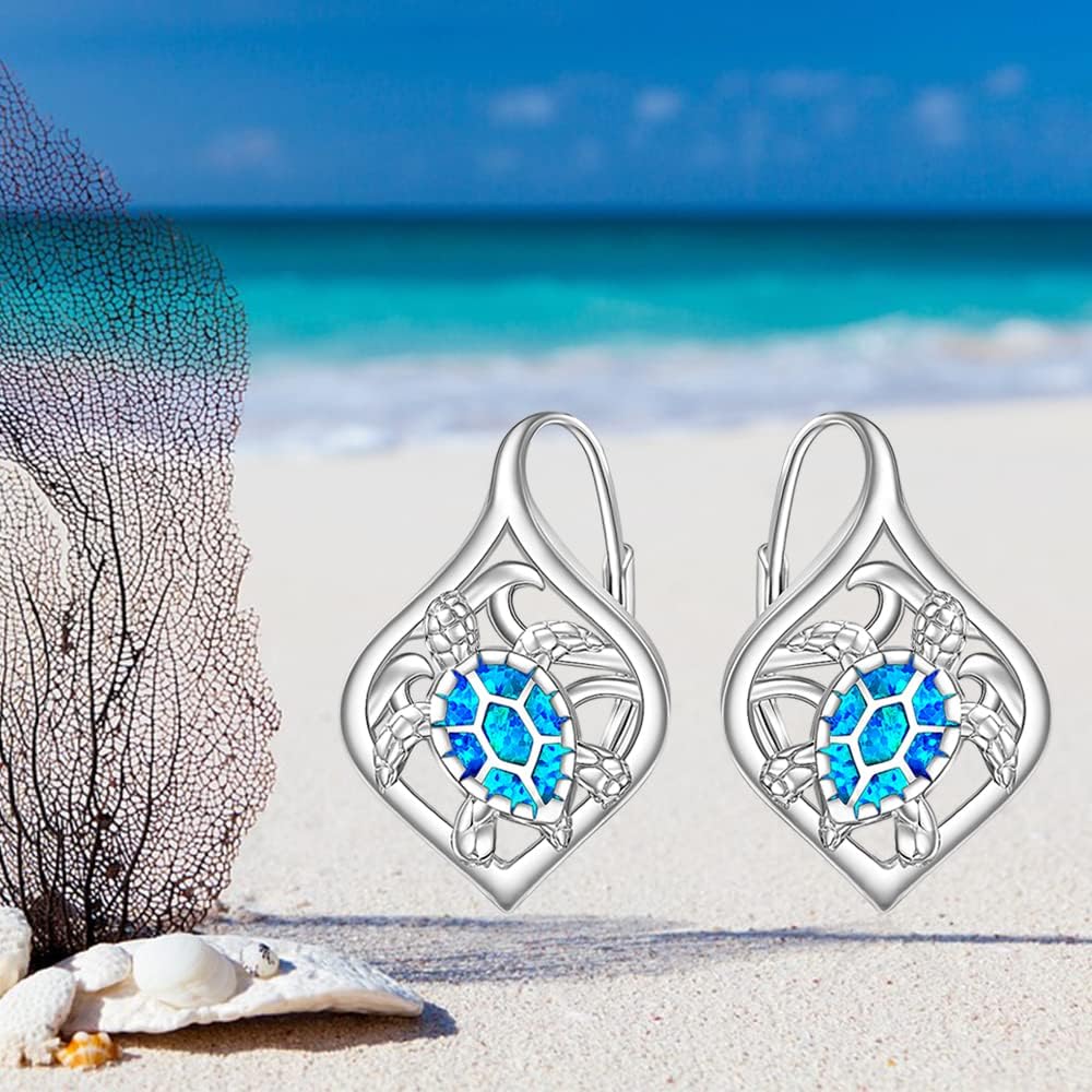 Sea Turtle Earrings for Women Blue Opal Turtle Earrings Sterling Silver Wave Tortoise Dangle Cute Animal Sea Hawaii Jewelry Birthday Christmas Gifts - Image 8