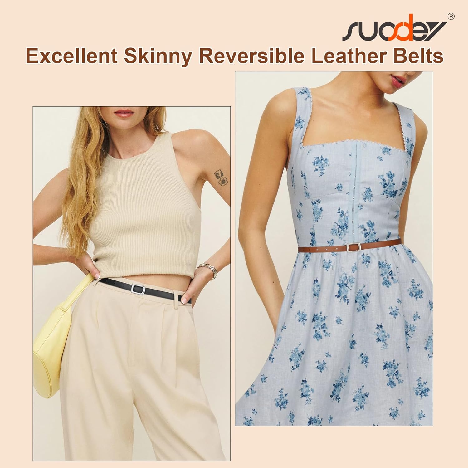 SUOSDEY 2 Pack Women Reversible Thin Leather Belts for Dresses Skinny Waist Belts for Jeans Pants, 0.6" Width - Image 3