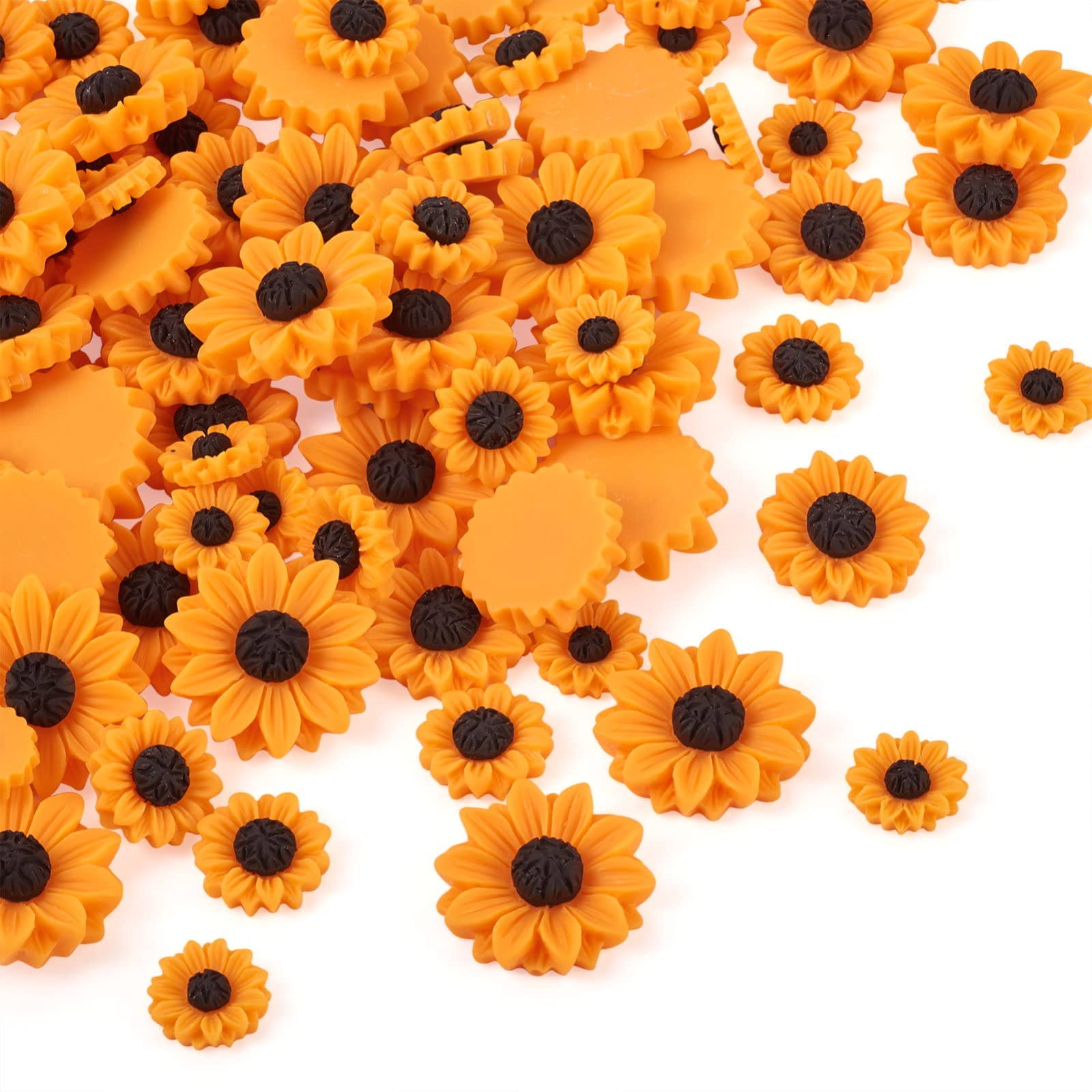 100Pcs Resin Flower Cabochons 4 Sizes Flat Back Sunflower Beads Charms No Hole Floral Cabochons for Jewellery Making DIY Scrapbook Crafts