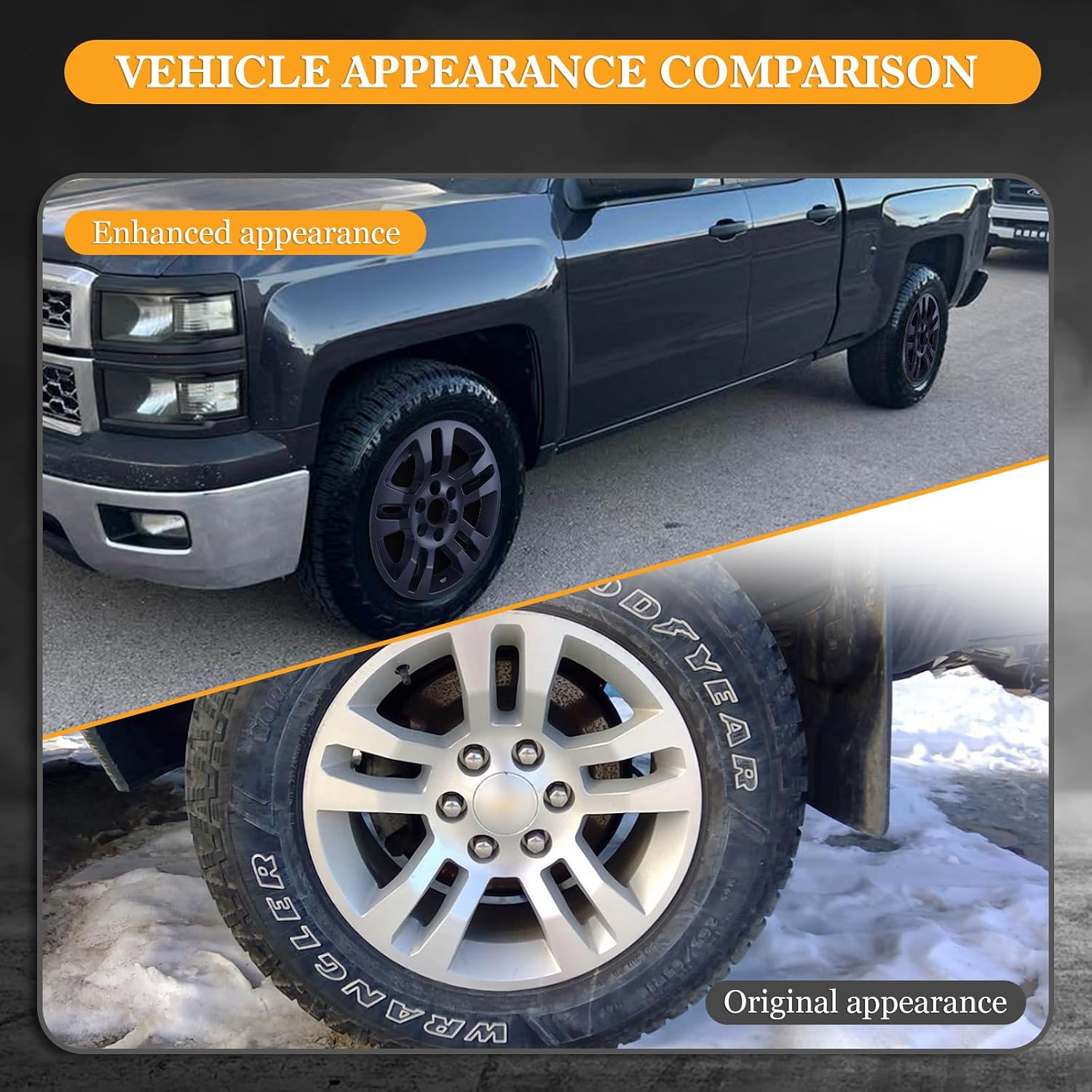 18" Black Matte Hubcaps for 2014-2018 Chevy Silverado 1500, 2019 Chevy Silverado 1500 LD, 15-20 Chevy Suburban/Tahoe, Wheel Rim Covers, ABS & PC Set of 4 Alloy Wheel - 18 Inch