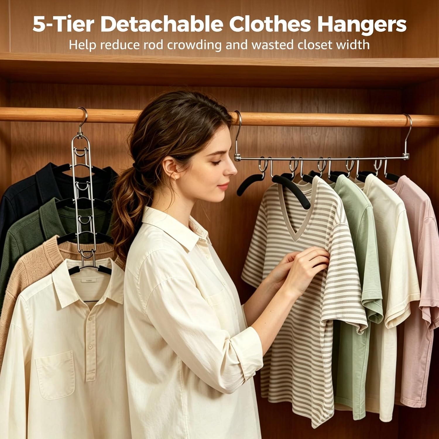 4 PCS 5-Tier Pants Hangers, Space-Saving Shirt Hangers, Metal Multi Layer Coat Hanger with Non-Slip Foam Bars and Folding Hooks for Closet Storage