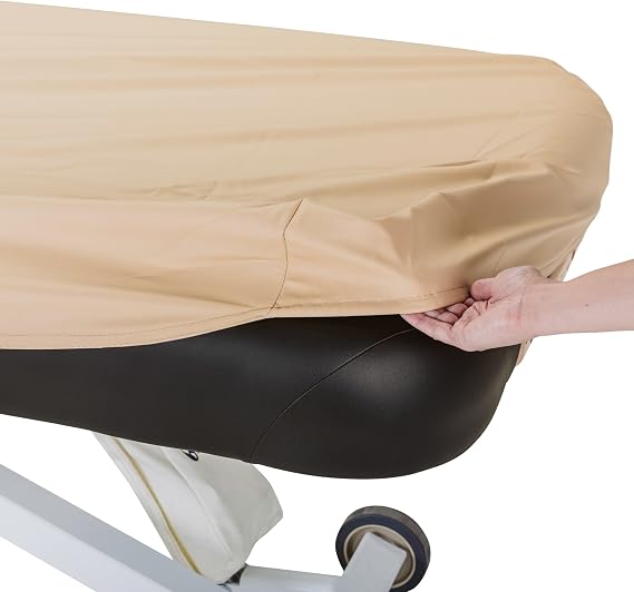 EARTHLITE Masaj Masası Koruma Kılıfı,%100 PU Malzeme, Gömme Çarşaf Tipi, Yuvarlak ve Kare Köşeli Masalara Uyumlu, 71-81 cm Genişlik, Marie Bej