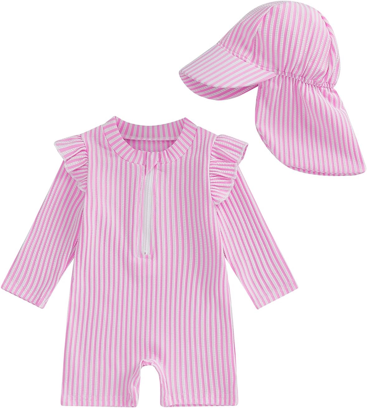 Baby Girls Swimsuit One Piece Striped Zipper Bathing Suit Rash Guard Ruffle Long Sleeve Seersucker Swimwear Sunsuit