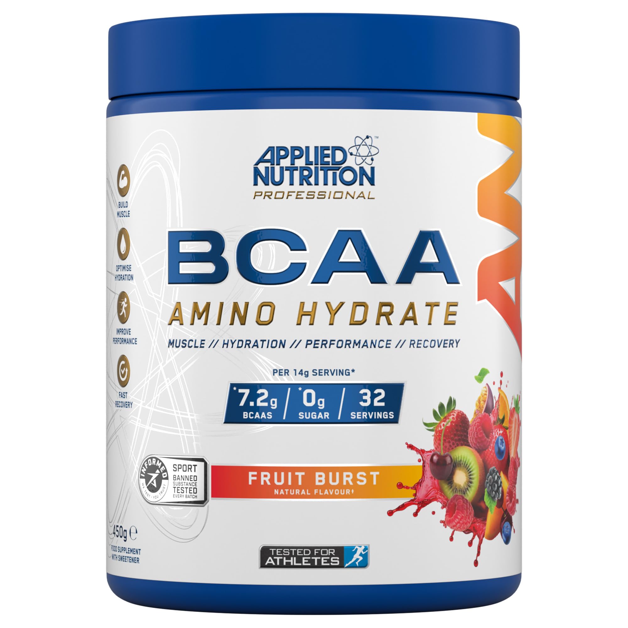 Applied NutritionBCAA Powder - Branched Chain Amino Acids BCAAs Supplement, Amino Hydrate Intra Workout & Recovery Energy Drink (450g - 32 Servings) (Fruit Burst)