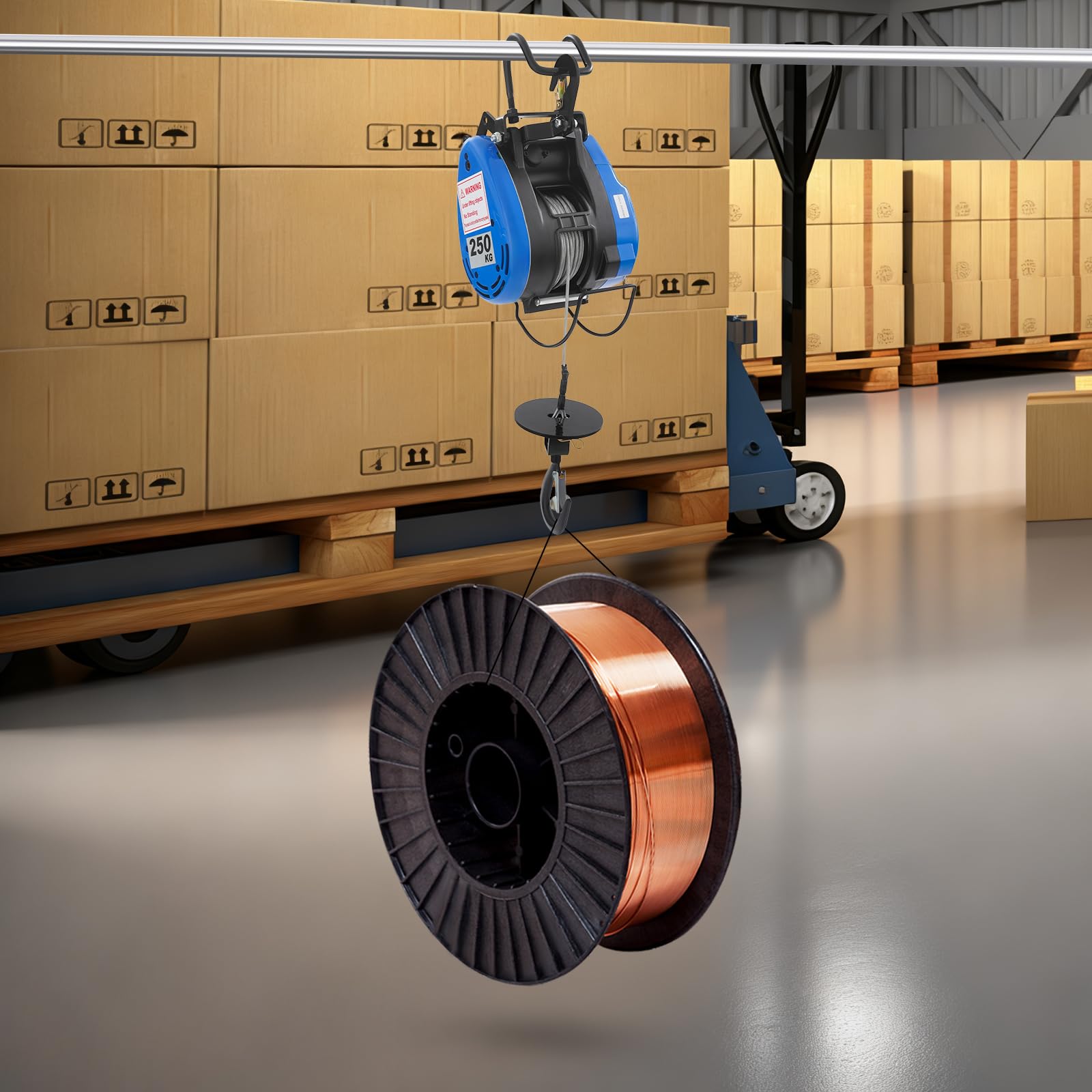 Treuil électrique 250 kg - Télécommande et radio - Câble en acier de 30 m - Hauteur de levage 29 m - Moteur en cuivre 1500 W - IP40 - Pour garage, atelier, entrepôt, montage au plafond