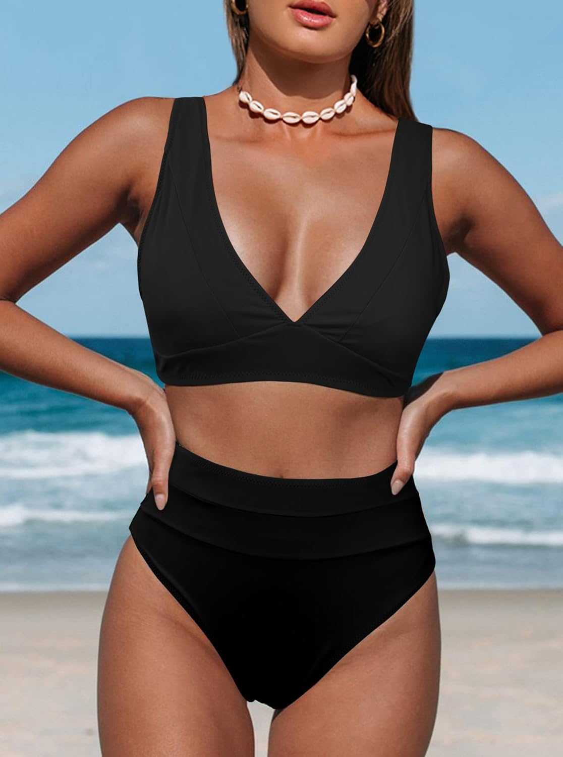 Hilinker Women's Leopard Bikini Swimsuits V Neck High Waisted 2 Piece Bathing Suits X-Large All Black