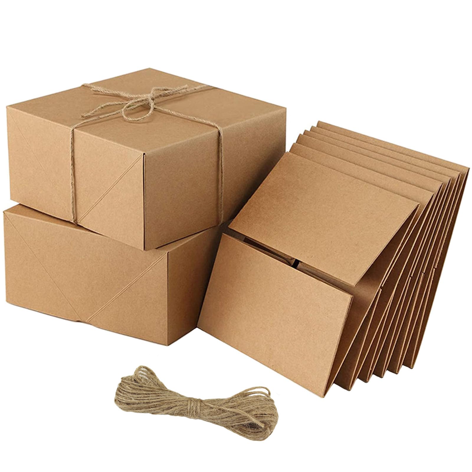 YankMooM6 Pack Brown Kraft Gift Boxes, 20 x 20 x 10cm Large Present Boxes for Weddings, Birthdays, Holidays