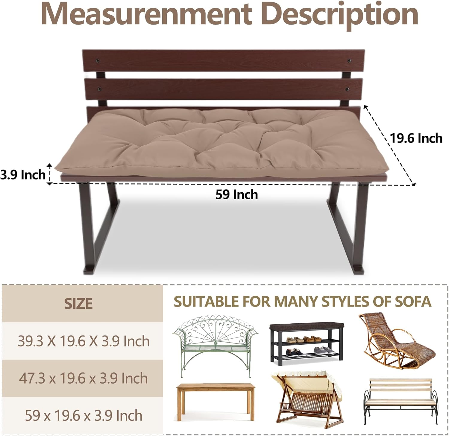 59 inch Indoor/Outdoor Bench Cushion, Swing Cushion,2/3 seat Thick Outdoor Garden Bench Seat Cushion Backrest Waterproof Bench Pad (59 X 19.6 in Kihaki)