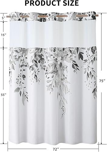 Miniatura 2 de QiyI Cortina de ducha sin gancho con forro de tela a presión, cortina de ducha de eucalipto gris con ventana superior transparente, tela