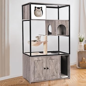 Cat Litter Box Enclosure, Wooden Cat Tree with Hidden Litter Box Enclosure, Indoor Cat House with Condo, Hammock Scratching Mat and Storage Shelves Grey, Large