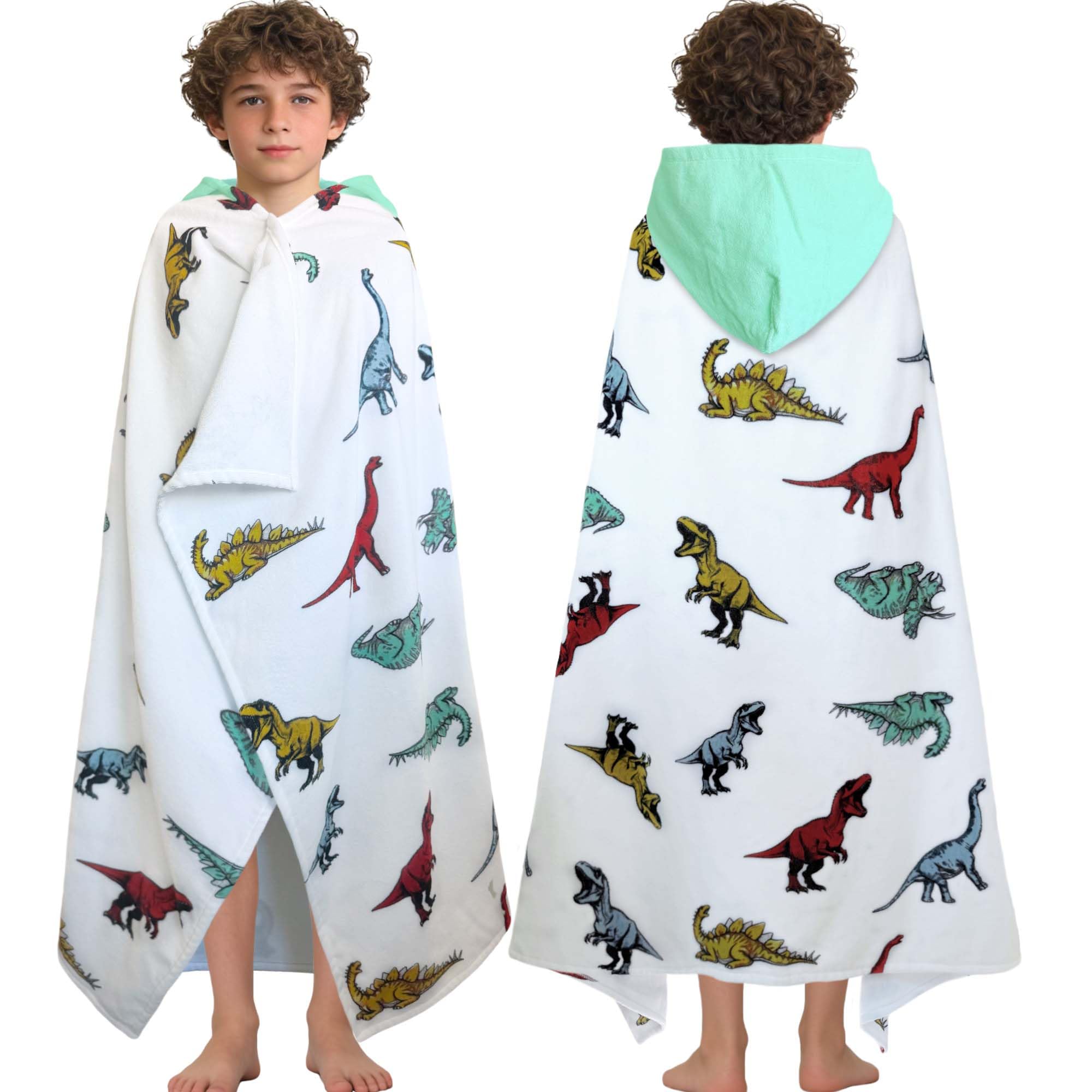 VOOVA & MOVAS Dinosaur Pool Towels for Kids 8Years Up,100% Cotton,Absorbent | 59"x41", Beach Pool Bath Towel,Gift,Wearable Towel,Thick,Skin-Friendly,Machine Washable Durable,Premium Quality Dino Print With Green Hood 59"X41"(8 Years Up)