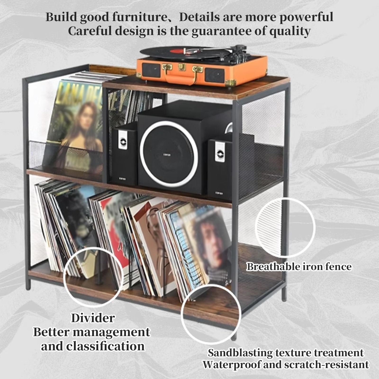 FORRTY Grande Libreria for Vinili A 3 Livelli, Conserva Fino A 300 LP, Supporto Giradischi in Metallo E Legno, Stile Industriale, Mobile Porta Vinile E CD for Soggiorno/Ufficio/Camera