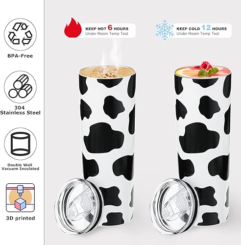 Miniatura 5 de Honeydak Vaso de 20 onzas con tapa y pajilla, de acero inoxidable, con aislamiento térmico y delgado, con estampado de vaca, bonita taza de café