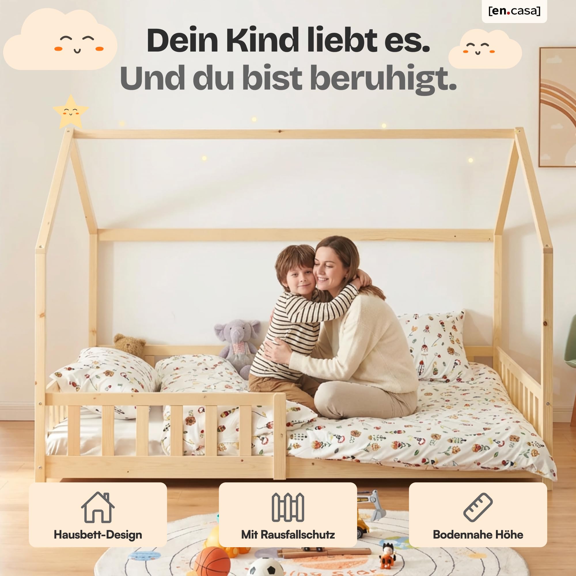 [en.casa] Kinderbett Hesel Hausbett Holzoptik 140 x 200 cm mit Rausfallschutz und Lattenrost Montessori Bodenbett Jugendbett Holzbett
