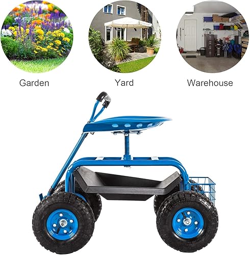 Miniatura 5 de kinbor Taburete de jardín, asiento de trabajo con bandeja de herramientas, cesta de almacenamiento y mango extensible para plantar al aire libre,