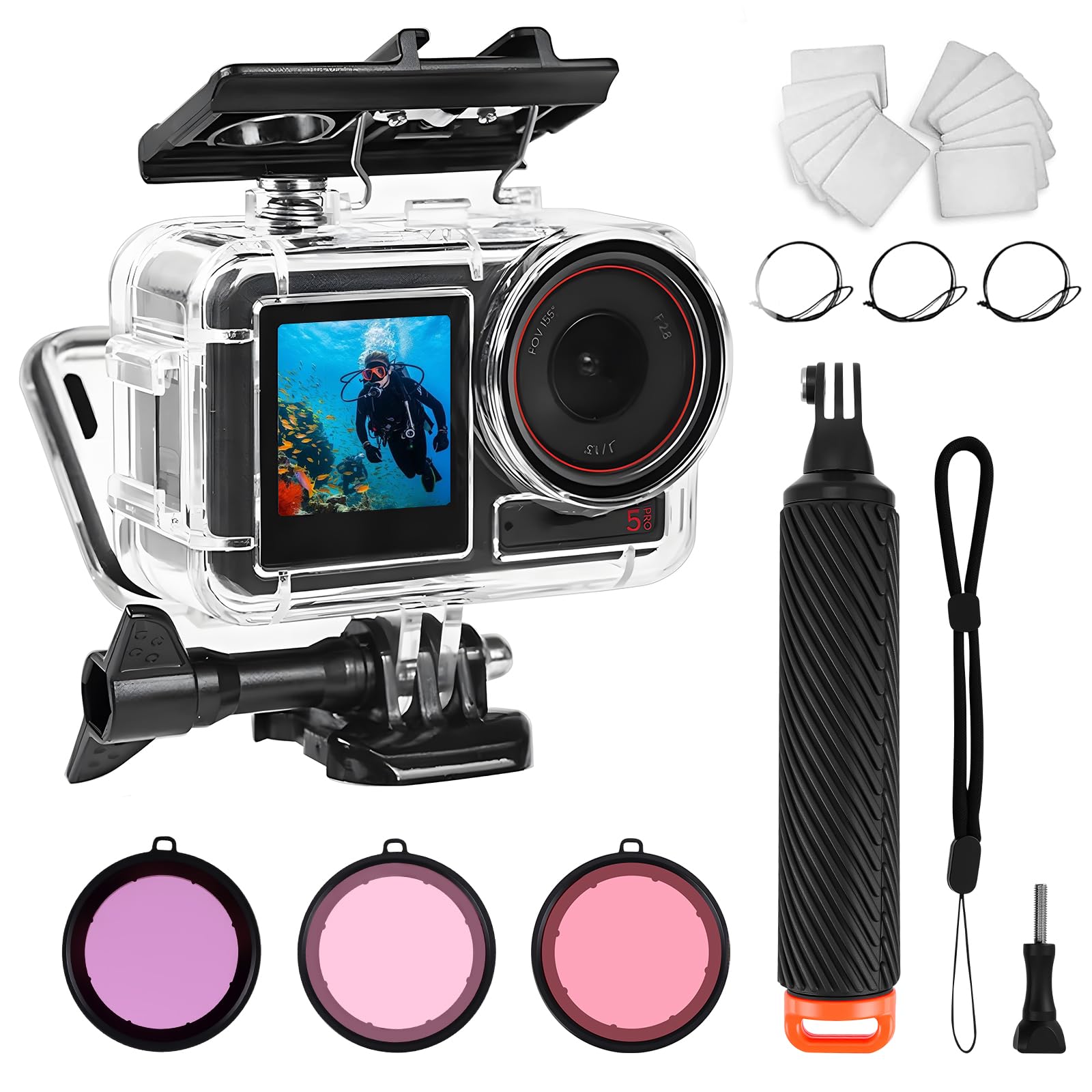 Carcasa impermeable sumergible de 60 m / 196 pies con 3 filtros y juego de mango flotante, compatible con DJI Osmo Action 5 Pro/Action 4, carcasa protectora de buceo monopod mango flotante