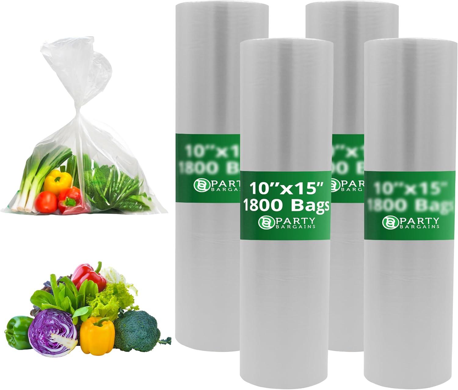 PARTY BARGAINS 10 x 15 Inch Clear Plastic Produce Bags on a Roll, 1800 Count – Food-Grade Polyethylene Grocery Bags for Fruits, Vegetables, Bread & Kitchen Storage