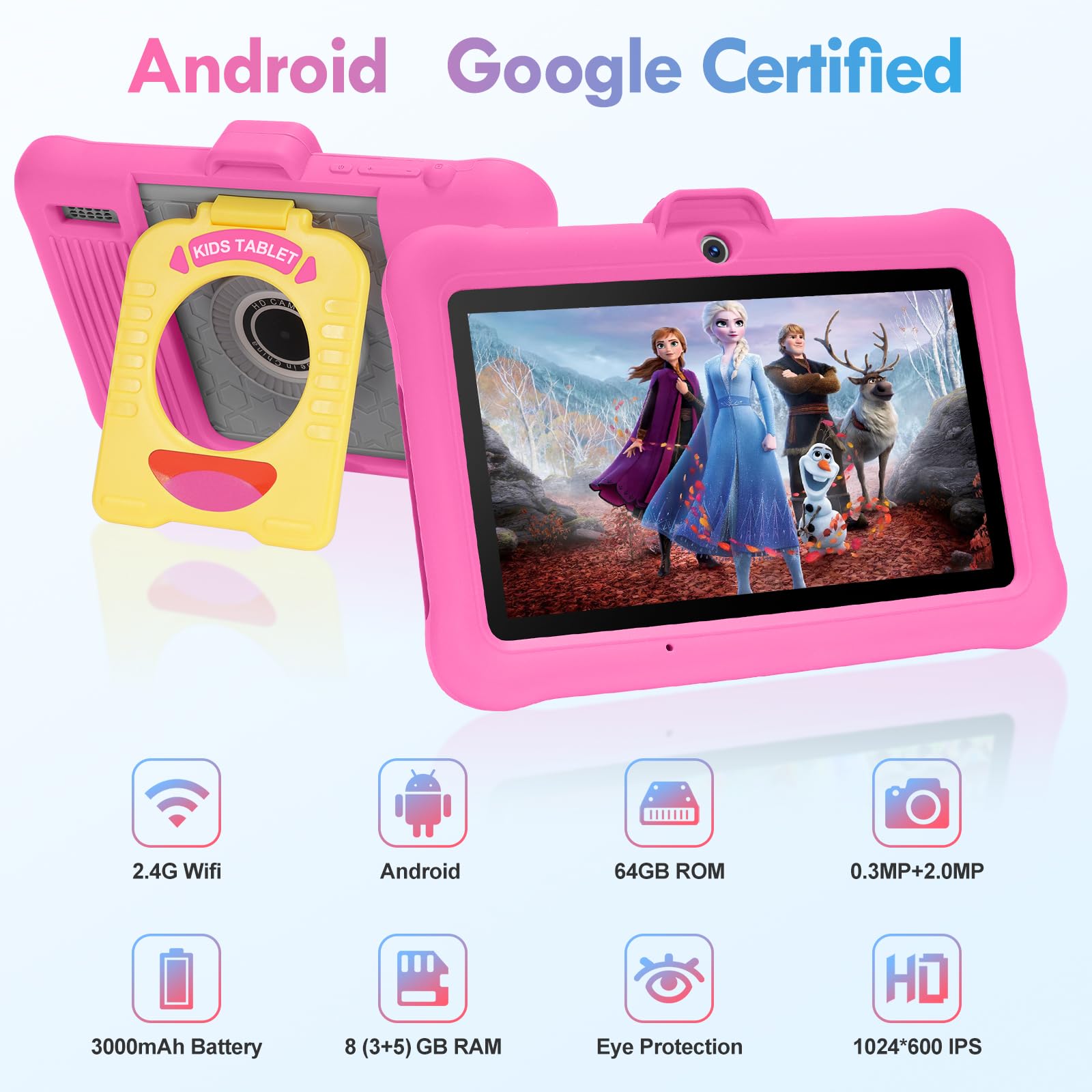 Tablette Enfants 7 Pouces Android, RAM 8 (3+5) Go, ROM 64 Go (TF 128 Go), GMS Certified, Apps Pré-Installé, Éducative, Contrôle Parental, WiFi, Kid-Proof Étui avec Support réglable (Rose)