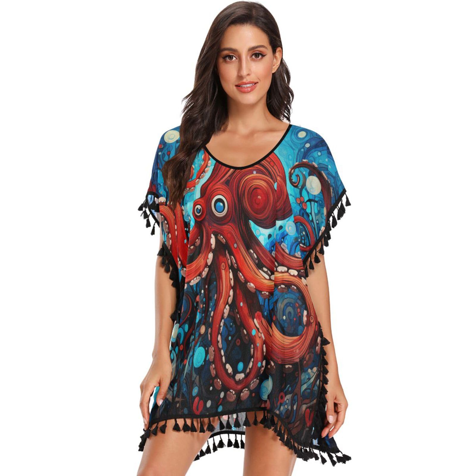 KAAVIYO Octopus Red Blue Dark Sea Women's Beach Cover Up Chiffon Tassel Swimwear Swimsuit Coverups for Girl