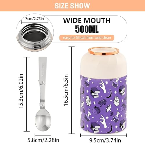 Miniatura 3 de Magic Mysticism Witchcraft Halloween Esoteric Kids Womens Lunch Insulated Jar with Spoon 17oz500ml Insulated Lunch Box Stainless Steel Vacuum