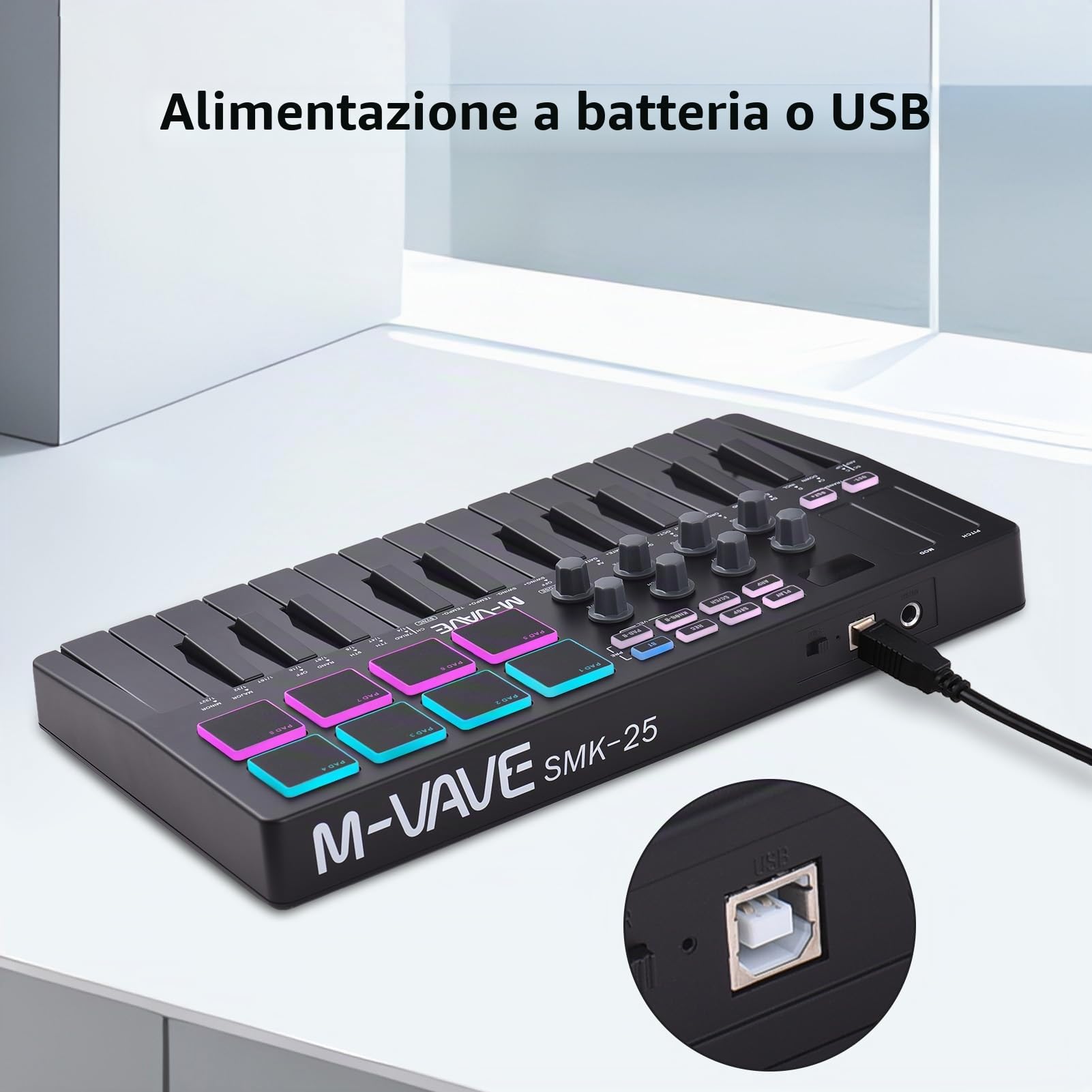 Controller tastiera MIDI 25 Key, pad retroilluminati RGB, batteria riscaldabile, manopole MIDI per produzione musicale, con Windows/Mac/iOS/Android,