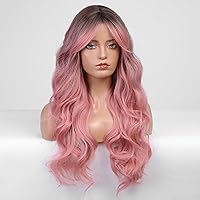 Vista 62 de HAIRCUBE Peluca de color marrón a rubio con flequillo para mujer, peluca de cabello largo ondulado marrón y rubio, pelucas sintéticas rizadas