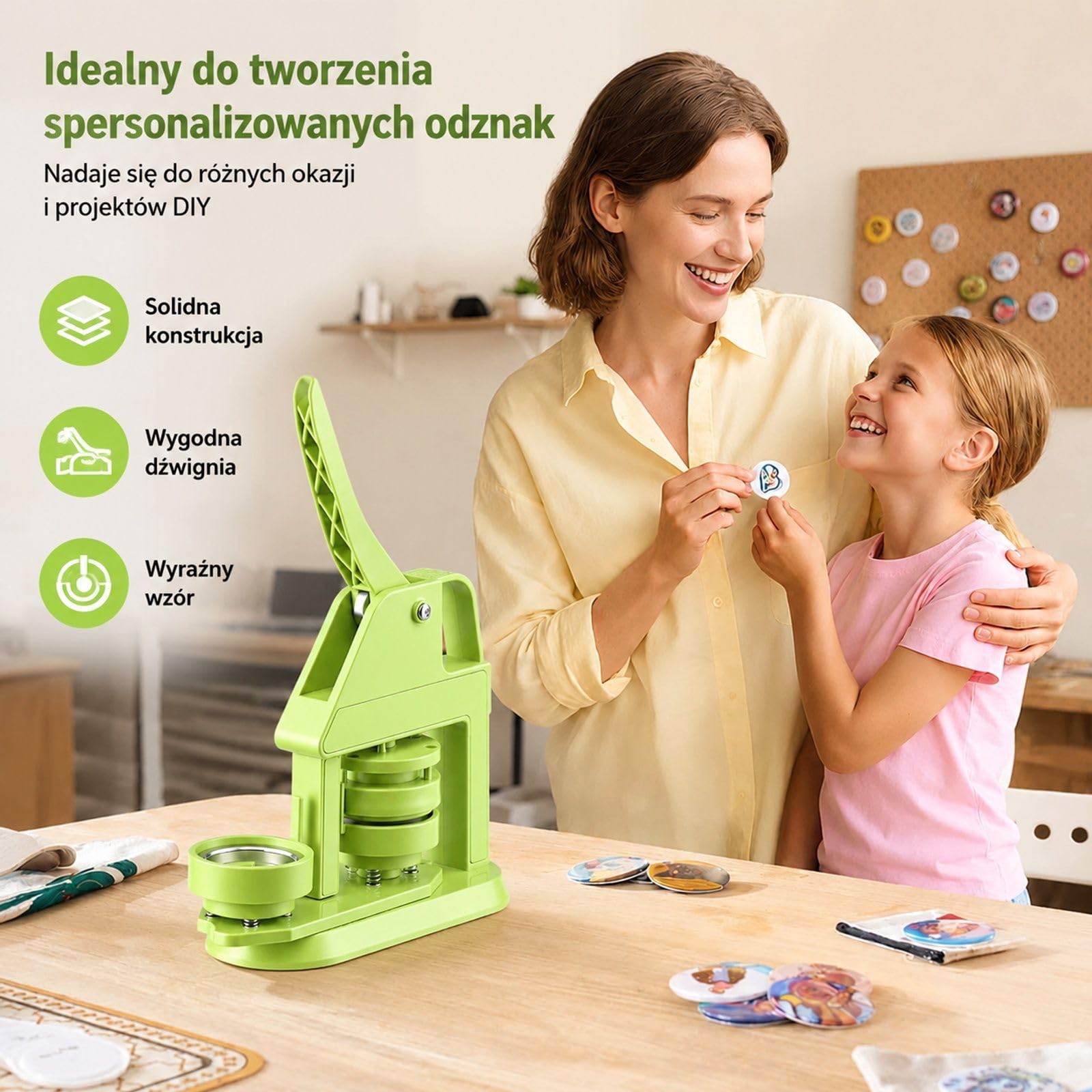 Maszyna do przypinek ze 100 elementami guzików, zielony zestaw ABS+PP do projektów DIY i personalizowanych wzorów
