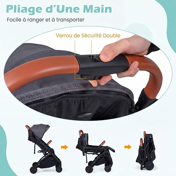 COSTWAY Poussette Canne Bébé avec Capote Réglable & Dossier Inclinable, Poussette Compacte Pliable à une Main, avec Harnais 5 Points, Grand Panier, Porte-Gobelet, Housse Pluie, 0-3 Ans, 15 kg (Gris) - 3