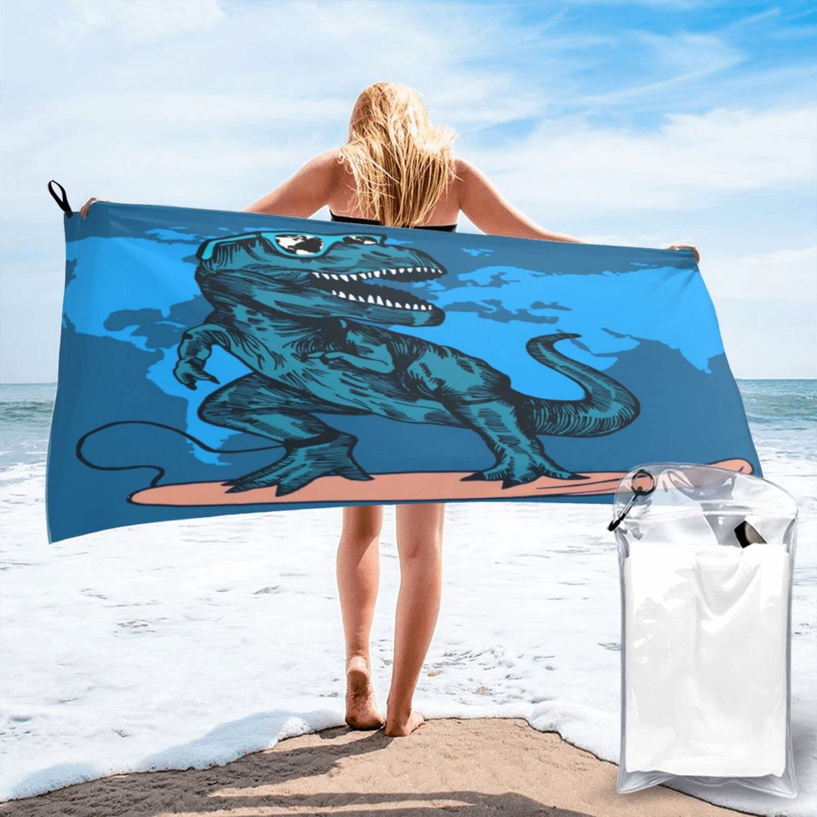 Lawenp Surfing Dinosaur Microfiber Beach Towel Adults Large Quick Drying Bath Towel Travel Towels with Pouch 27.5"x55"