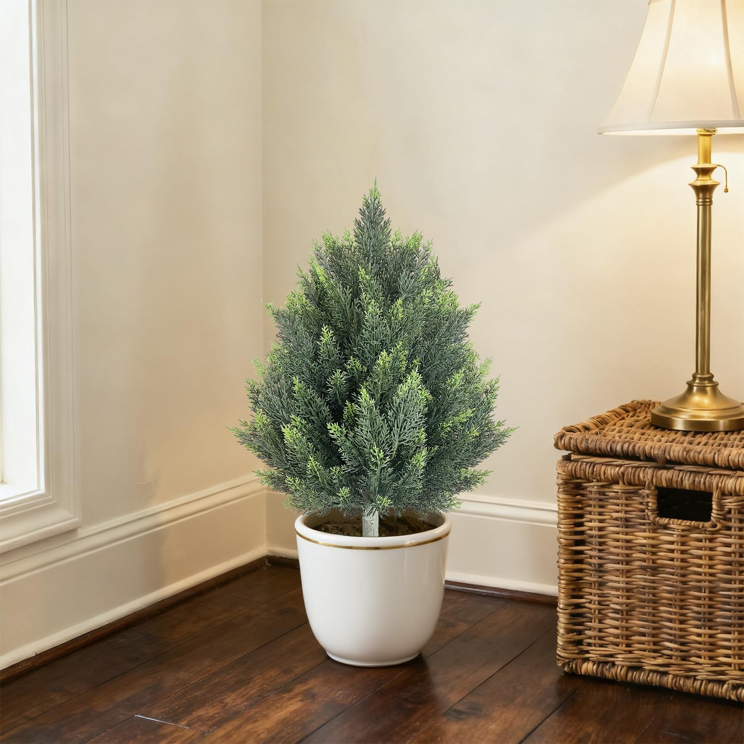 28inch Artificial Topiary Tree Set of 4 Beautiful Realistic Faux Cedar Pines Christmas Trees UV Rated Fake Shrubs for Front Porch Faux Plants Indoor and Outdoor Decor
