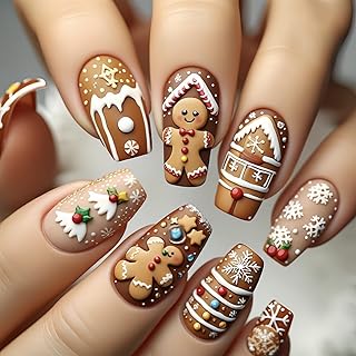 24 Pcs Christmas Press on Nails Short Square Xmas Cute Embossed Gingerbread Man Snowflake Snowhouse Designs Fake Nails Full Cover False Nails Winter Christmas Acrylic Nails Stick on Nails for Women