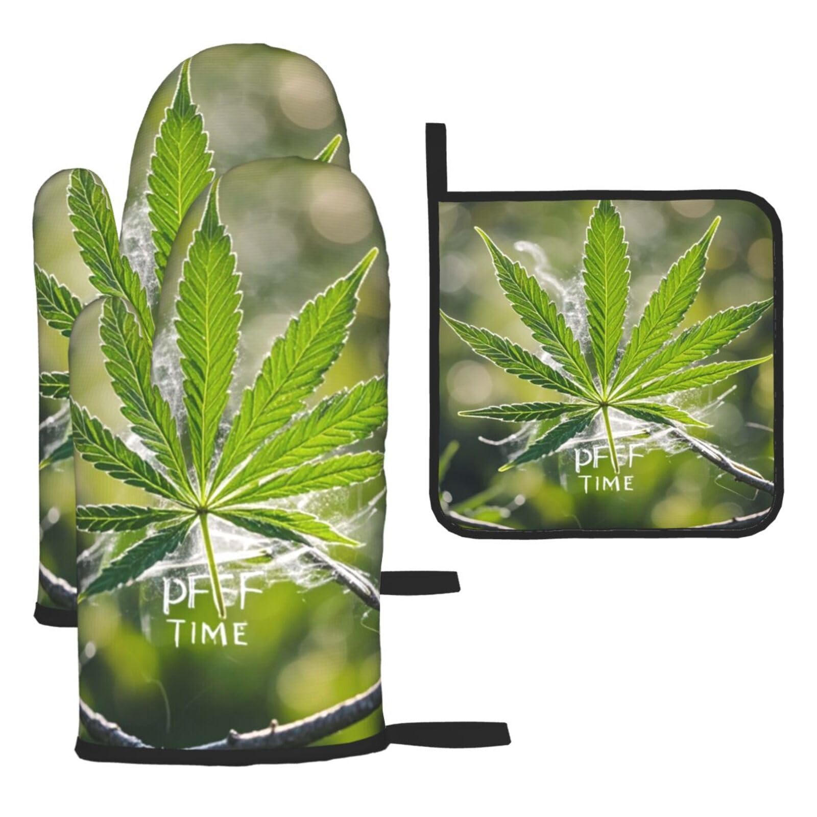 Cowmghldfl A Puff In Time Weed Marijuana Oven Mitts And Pot Holders Set Of 3 Heat Resistant Oven Glove Oven Glove Kitchen Potholders For Baking Non-Slip Oven Gloves For Cooking
