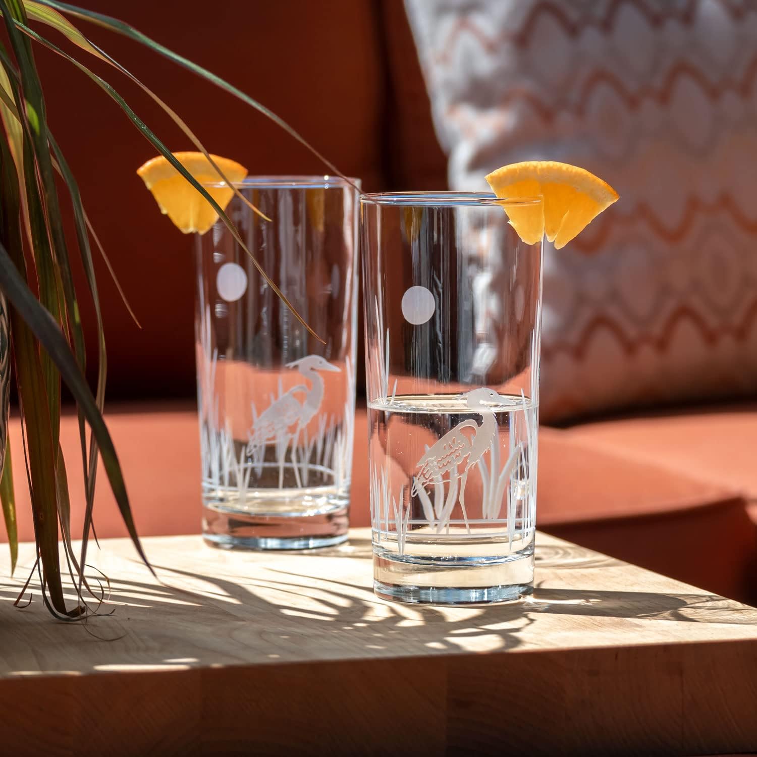 Rolf Glass Heron Highball Glass | 15oz Set of 2 Cooler Glasses | Lead-Free and Engraved | Heavy Base | Designed and Engraved in the USA | Coastal Glassware with Bird Design