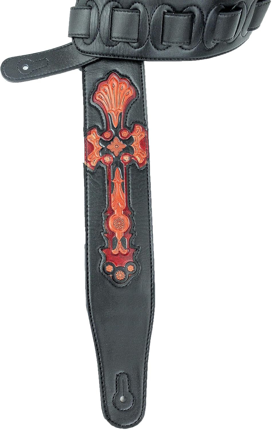 Walker & Williams CVG-23 Black & Red Leather Guitar Strap Hand Tooled Cross Design
