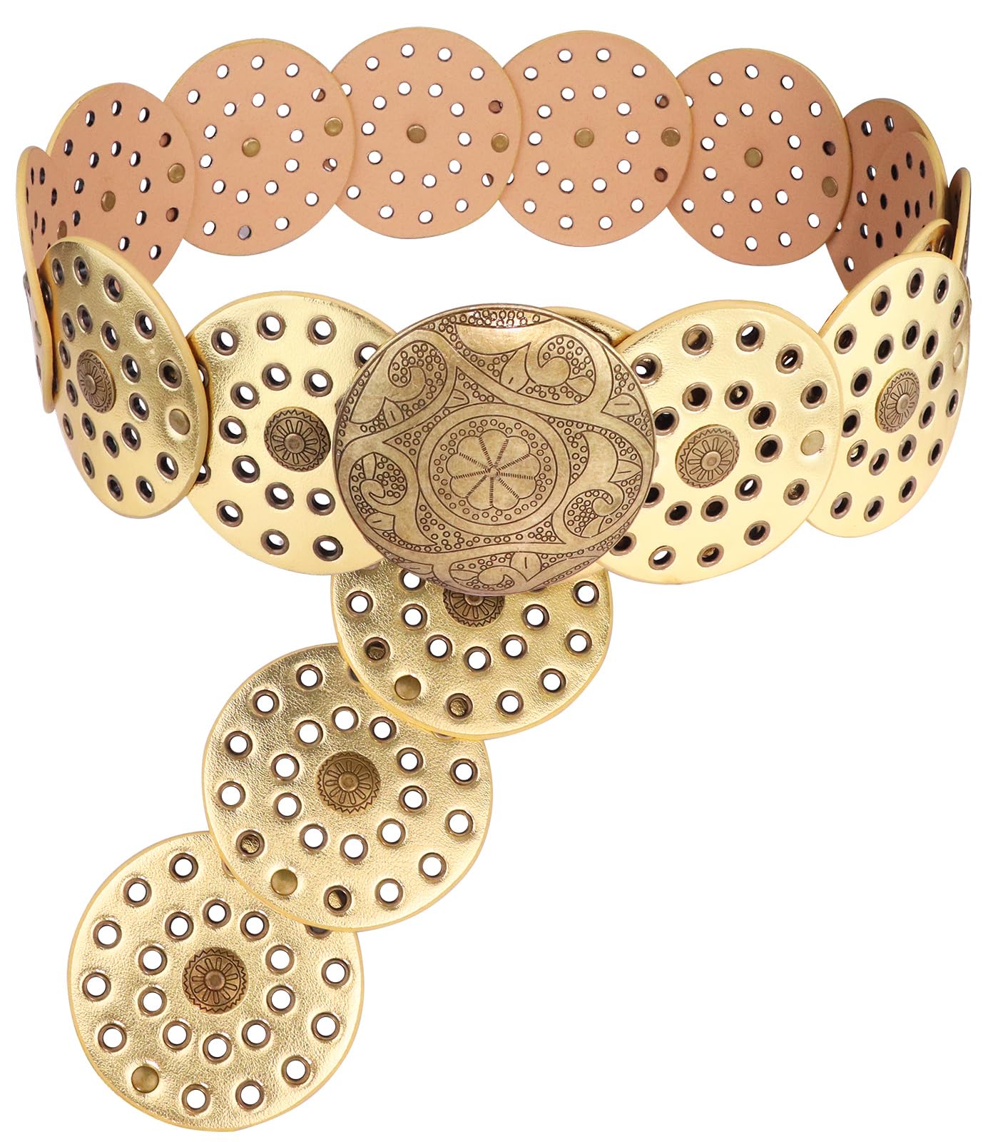 Putcuku Wide Disc Belts for Women Vintage Western Waist Belt Concho Leather Disk Belt Boho Belt (Gold-M)