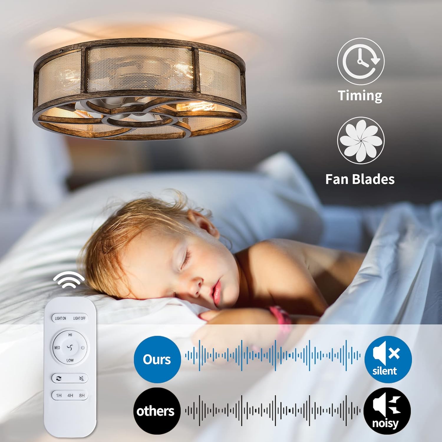 Caged Ceiling Fan with Light Remote Control, 21'' Low Profile Bladeless Enclosed Fan, 6 Speeds Reversible with 5 Bulbs, Rustic Farmhouse Ceiling Fan for Bedroom