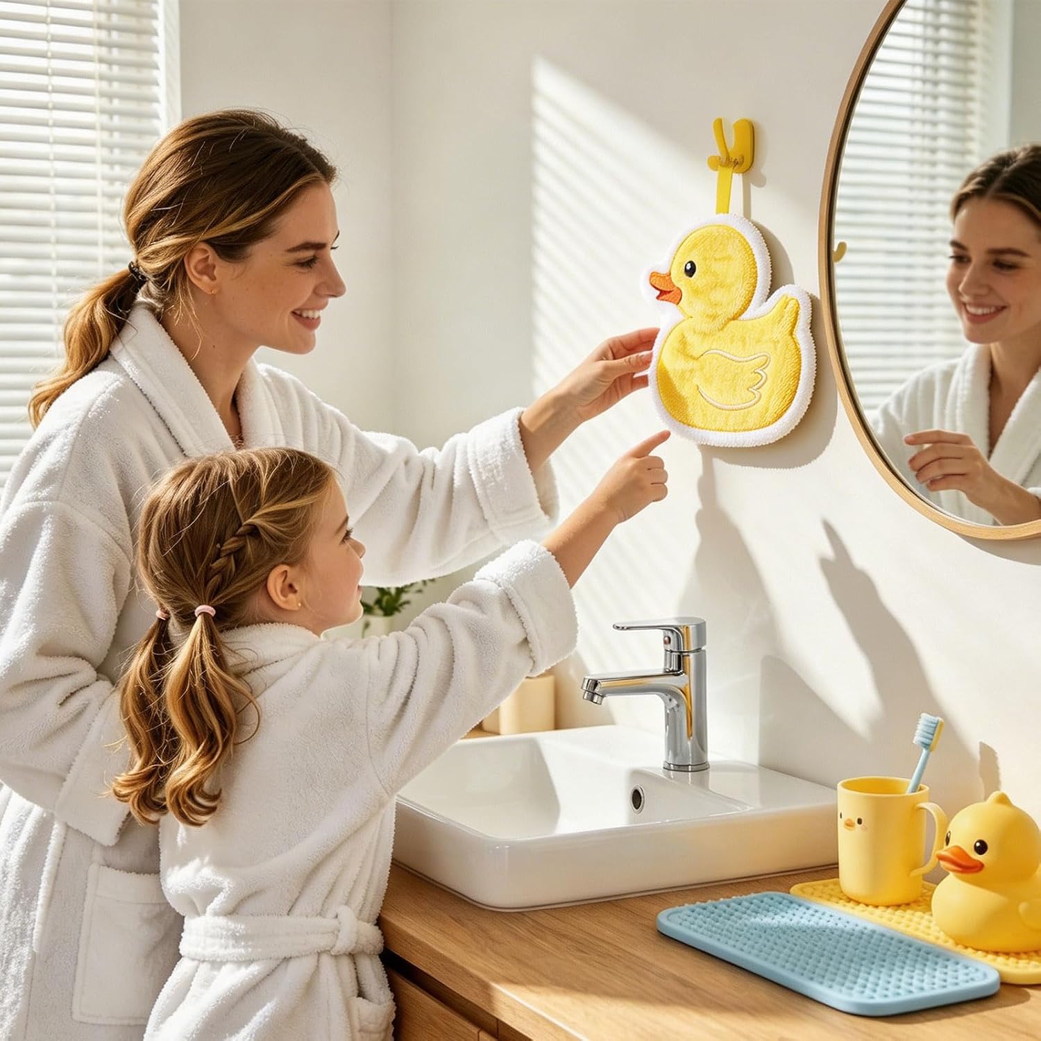 FYSUIMU 2Pcs Yellow Duck Coral Fleece Hand Towels Cute Rubber Duck Shaped Fluffy Dish Towel with Hanging Rope for Bathroom Hand Drying Kitchen Cleaning Cooking