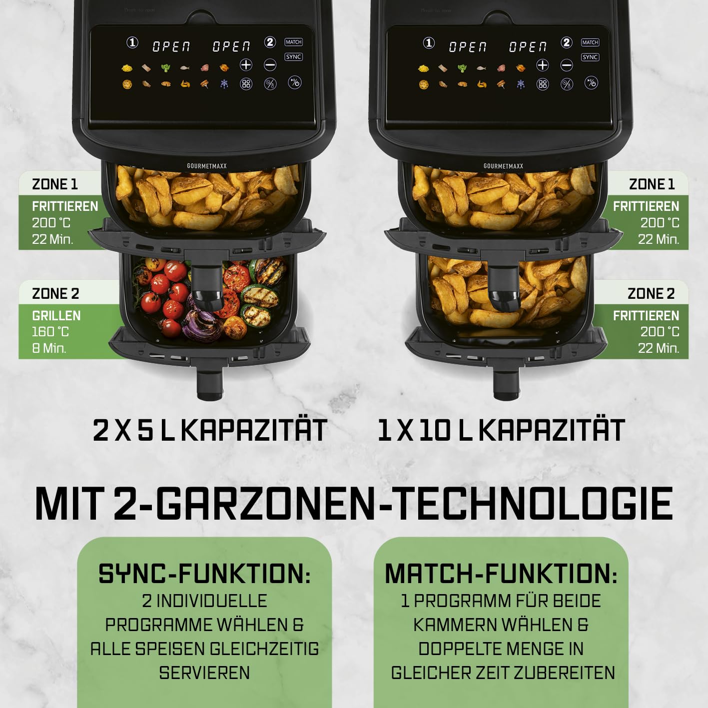 GOURMETmaxx FryUp XL vertikale Doppelkammer Heißluftfritteuse mit Sichtfenster - 12 L | Airfryer mit 9,6 Zoll Multi-Colour LED-Touchdisplay & 12 Programmen | Heißluftfritteuse 2 Kammern mit Oberhitze