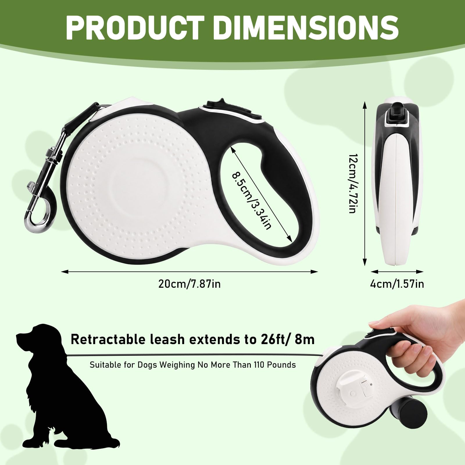 Laisse Chien Enrouleur,Laisse Flexi 8m,360° Anti-nœuds,avec Un Boutton S'arrêter Bloquer,Lampe LED,Porte-Sacs à Déjections Canines,Jusqu'à 35 kg,pour Petit, Moyen et Grand Chiens (Vert)