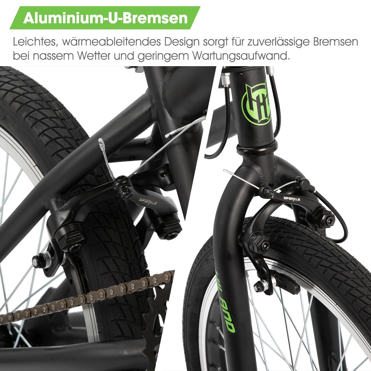 HILAND Bicicleta BMX Freestyle Infantil 20 Pulgadas, con Rotor de 360°, 4 Pegs de Acero y Rueda Libre, para Niños y Niñas de 7 a 12 Años, Negro/Verde/Rojo/Blanco