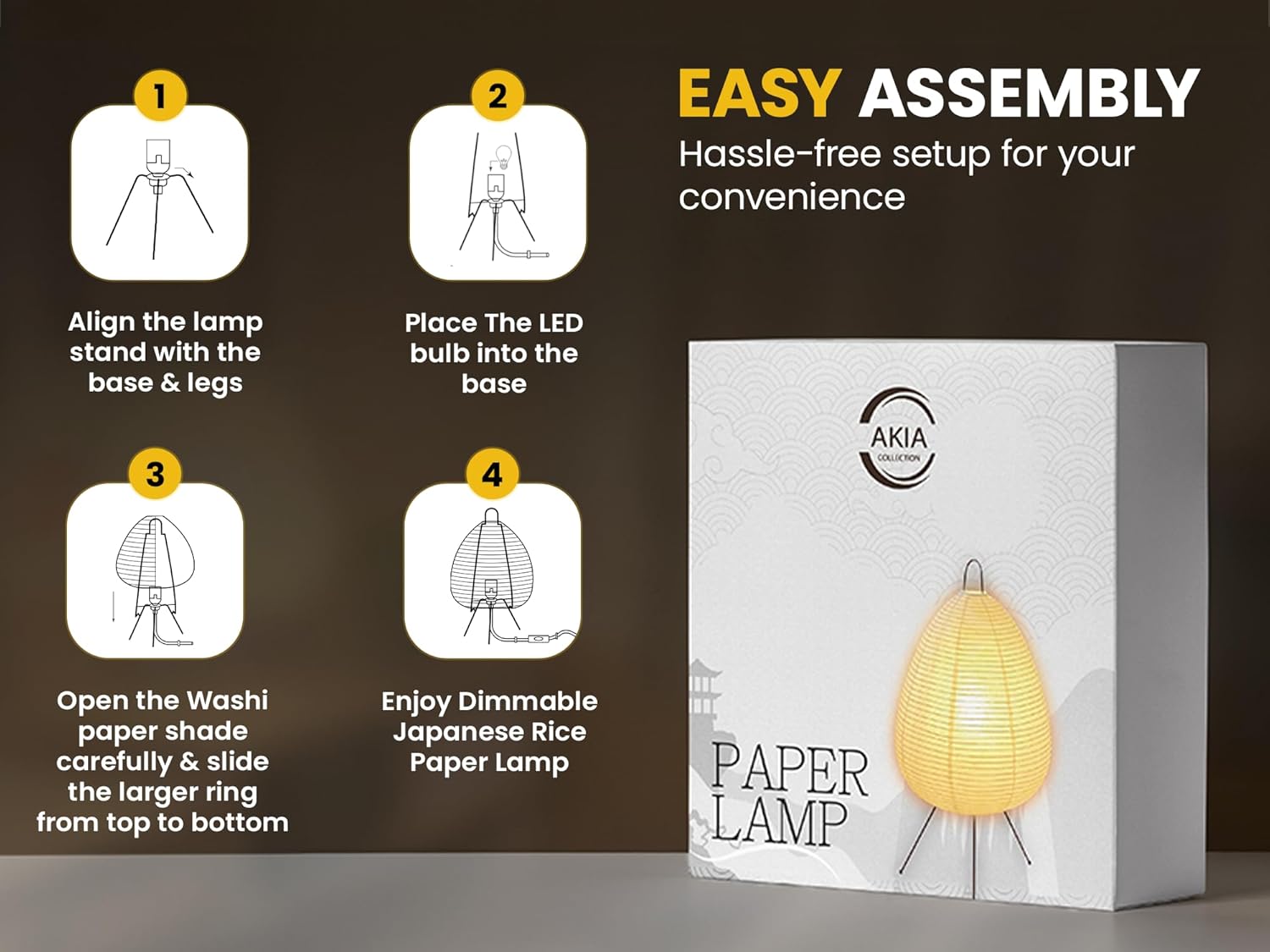 Noguchi Akari Rice Paper Lantern Lamp – Dimmable Japanese Table Lamp with Washi Paper Shade, Bulb Included – Japandi Bedside, Desk Light