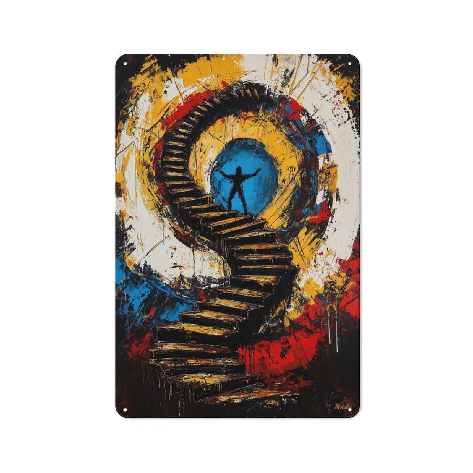 Junmoney Ascension Of The Mind – Expressionist Surreal Workshop Style Stairway Tin Sign 30X20cm, Workshop Wall Decor For Tool Room, Garage, Studio Or Home Bar