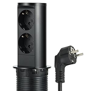 Electraline 62586 Multipresa Pop - up a Scomparsa per Scrivania / Cuina, Tavolo Presa a Incasso 2 Prese Schuko, Diametro Standard 60 mm, Cavo 2 m, Spina Schuko