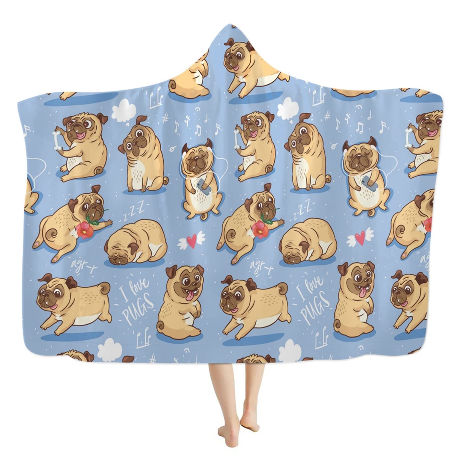 HUGS IDEA Cute Hooded Blankets with Cartoon Pug Dog Heart Music Note Letter for Kids Bedroom Living Room Adults Armchair Throw Funny Poncho, Thicken Ver-M