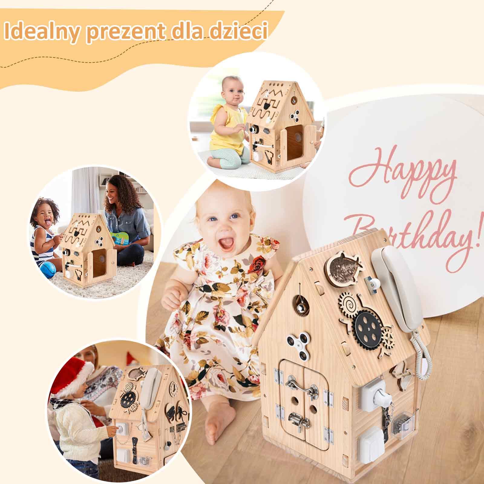 Montessori Drewniany Busy House Tablica Manipulacyjna Zabawka dla Małych Dzieci, Przedszkolna Zabawka Edukacyjna, Tablica Sensoryczna do Rozwoju Motoryki Małej, Prezent dla Chłopców i Dziewczynek