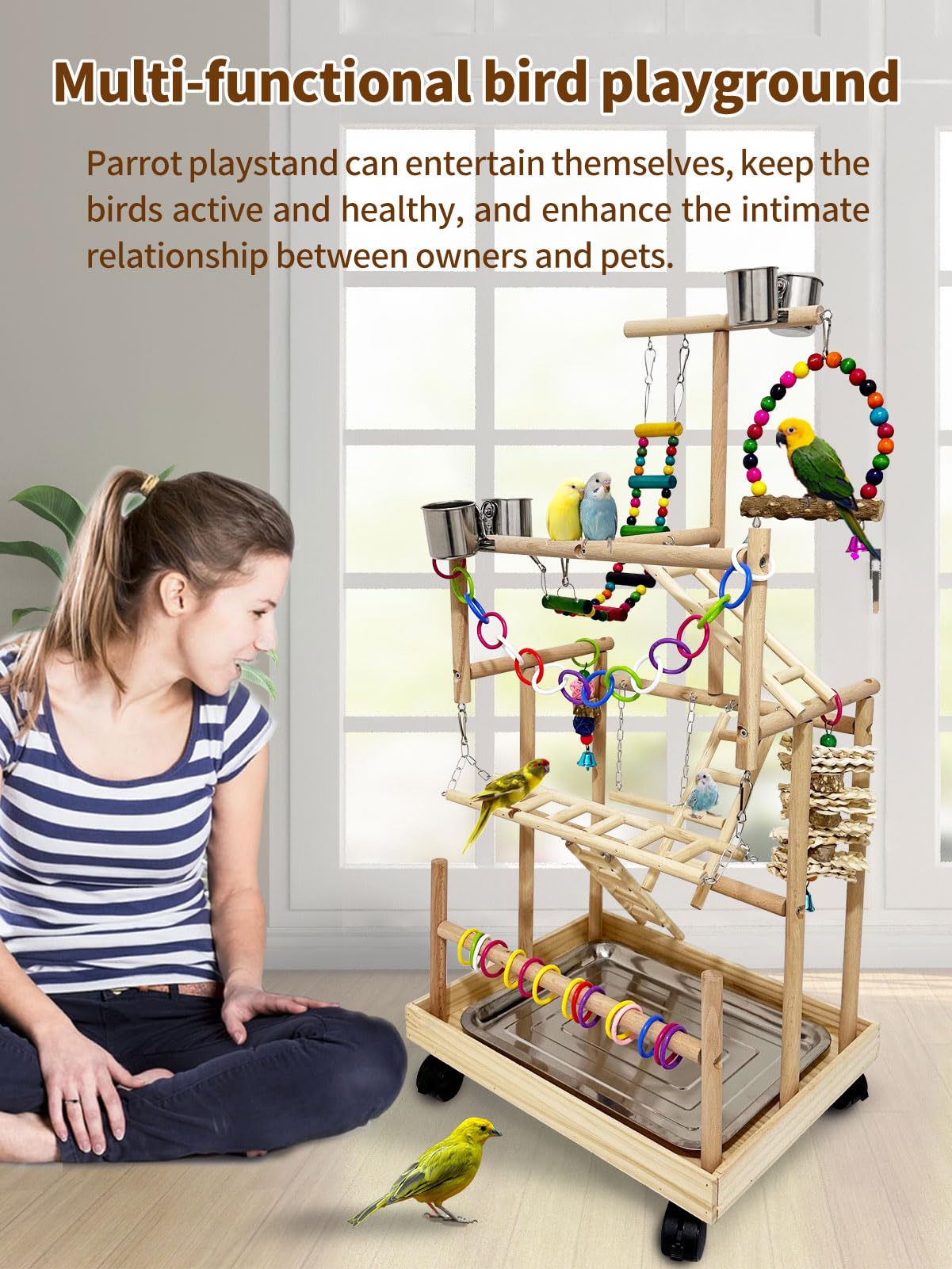 5 Layers Large Bird Playstand with Wheel, Natural Wood Parrot Playground, Parakeet Perch Stand Small Bird Playgym with Ladder Toy Accessories for Cockatiel Cockatoo Finch Budgie Lovebird - image 7