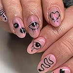 Halloween Press on Nails Short Oval Fake Nails Press ons Chrome Pink False Nails with Designs Heart Snake Glossy Full Cover Acrylic Glue on Nails Artificial Stick on Nails for Women Decoration 24Pcs