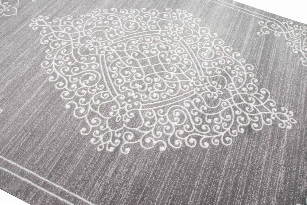 Merinos Moderner Teppich Orientteppich Ornamente mit Glitzergarn in Grau Creme Größe 80 x 300 cm